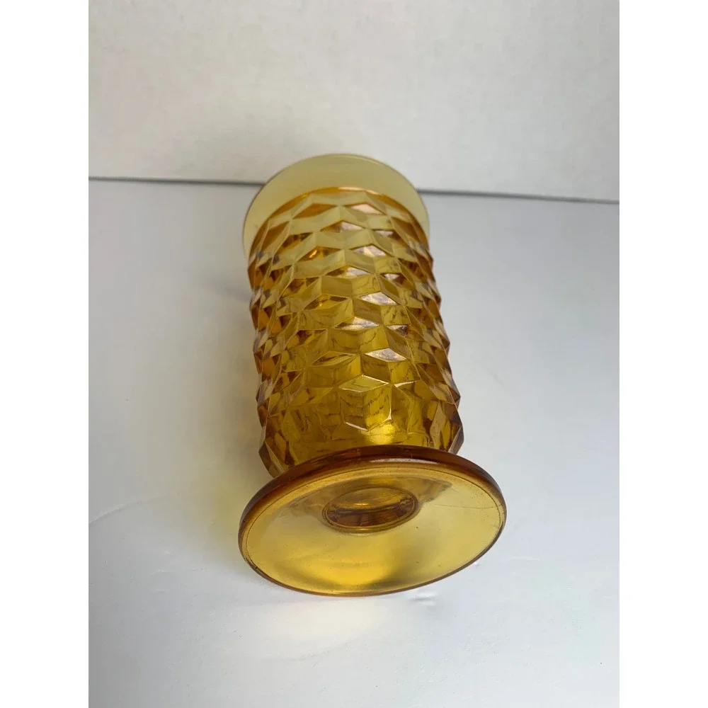 Vintage 70s Amber‎ Glass Footed Tumbler Geometric Cube Pattern Mid Century Retro